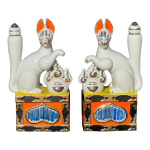 Large Pair of Japanese Inari Fox Figures — Gilt Porcelain Temple Guardians