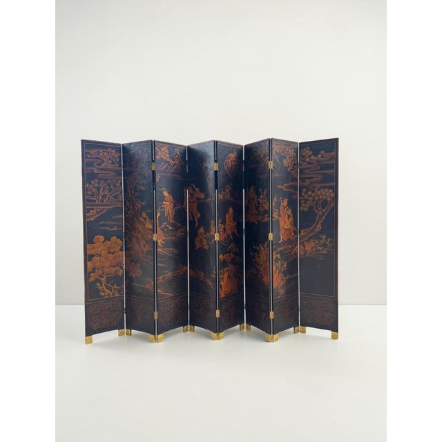 Large Chinese Eight-Panel Black Lacquer Folding Screen With Scholar Landscape, Circa 1925–1940 For Sale - Image 9 of 13