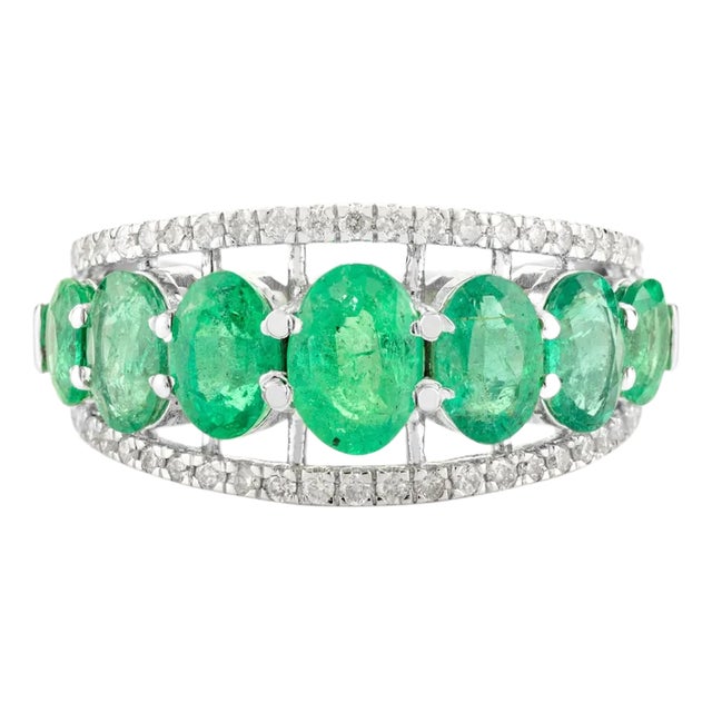 Glam Statement Band With Zambian Emeralds and Diamonds Size 7 For Sale