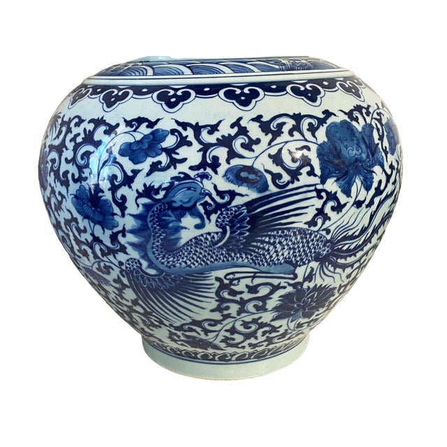 Ceramic Vintage Chinoiserie Blue & White Porcelain Onion Shape Vase Dragon and Phoenix 21" H For Sale - Image 7 of 8