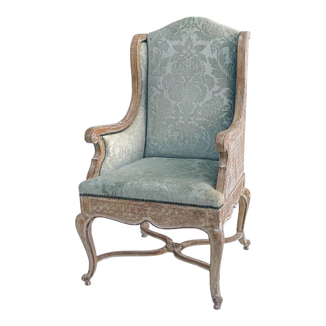 Mid-Century Cerused Wingback Chair With Celadon Cut Velvet For Sale