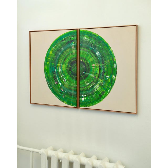 Green Circle Diptych I, Contemporary Painting on Canvas, Framed For Sale - Image 4 of 12