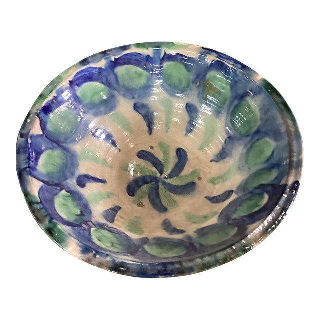 Mid 20th Century Cream, Blue and Pistachio Green Ceramic Bowl From Spain For Sale