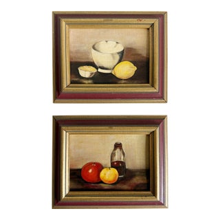 Vintage Fruit Still Life Oil Paintings, a Pair, Mid 20th Century For Sale