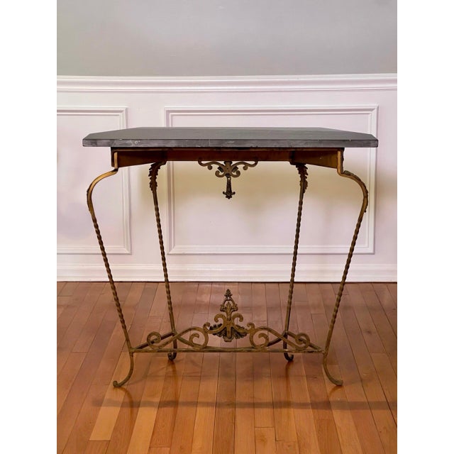 Oscar Bach Attributed Gilded Iron Console With Beveled Mirror, Marble Top, C. 1920 For Sale - Image 10 of 18