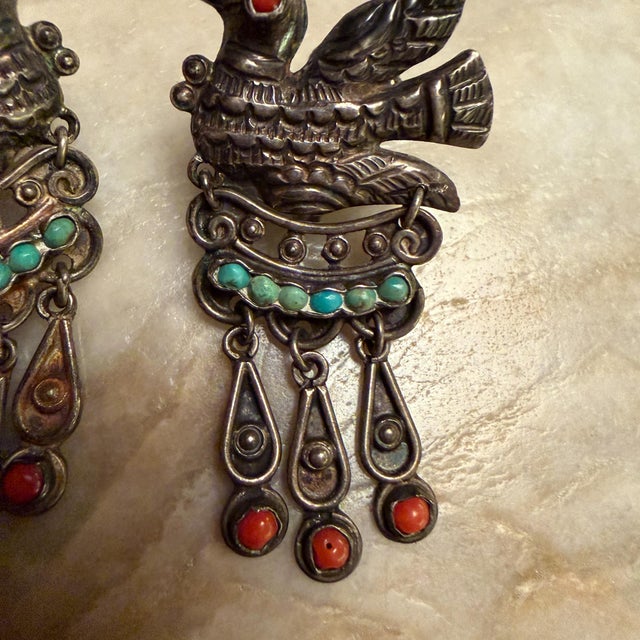 Vintage DoveMexican Sterling Silver Earrings Matilde Poulat Matl Turquoise Coral For Sale In San Diego - Image 6 of 15