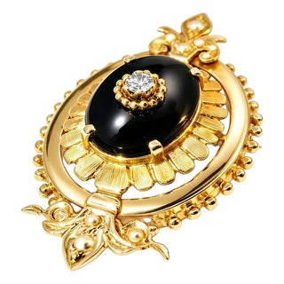 Late 19th Century 14K Yellow Gold Victorian Onyx Diamond Seed Pearl Pendant Brooch Pin For Sale
