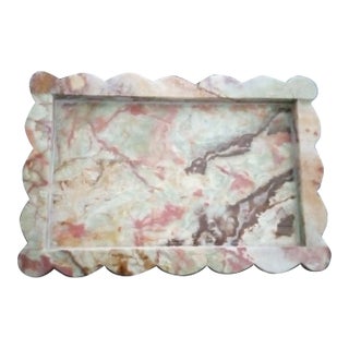 Vintage Hand Carved Variegated Onyx Scalloped Tray For Sale