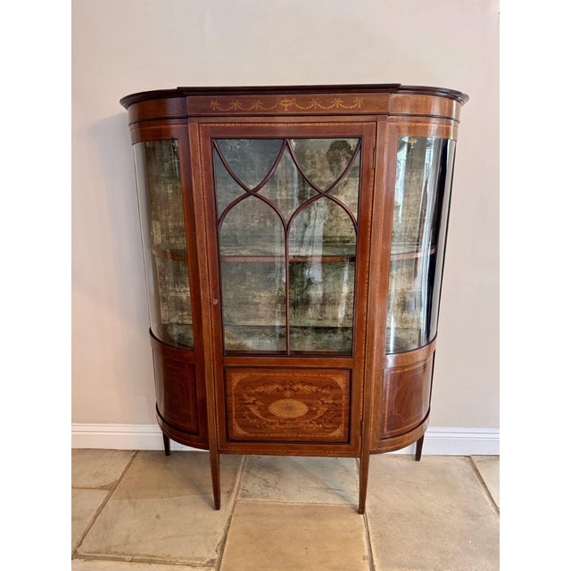 Antique Edwardian Mahogany Inlaid Bowfront Display Cabinet, 1900 For Sale - Image 6 of 10