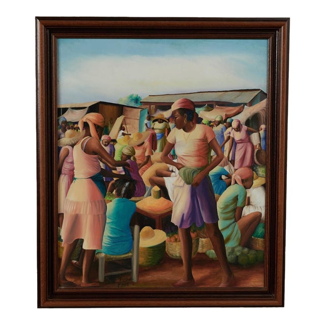 Vintage Haitian Painting of a Marketplace by Jean-Elie Brisson For Sale