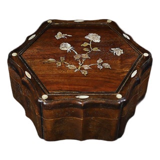 Vintage Chinese Huali Rosewood Box | Mother-of-Pearl Inlaid Rose & Butterfly Motif For Sale