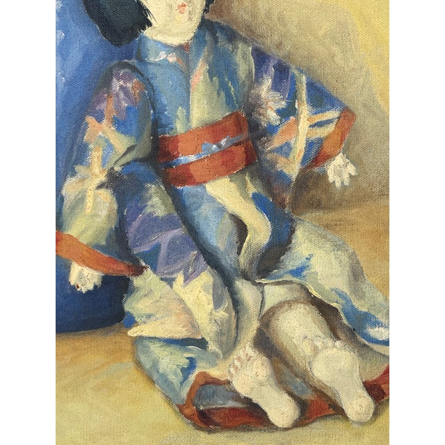 Blue A French Oil on Canvas Japanese Style Painting of a Doll For Sale - Image 8 of 9