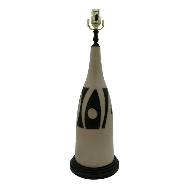 Late 20th Century Black & Ivory Geometric Chulucanas Pottery Lamp – Handcrafted Peruvian Art Long Neck Vase For Sale