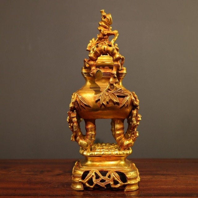 Late 20th Century Gilt Bronze Bamboo-Form Censer With Guardian Lion Finial For Sale - Image 4 of 9