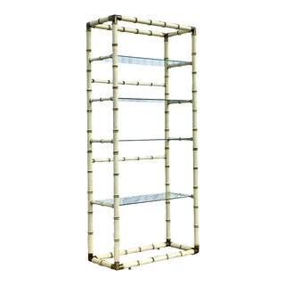 Vintage Coastal Carved Bamboo and Brass Etagere For Sale