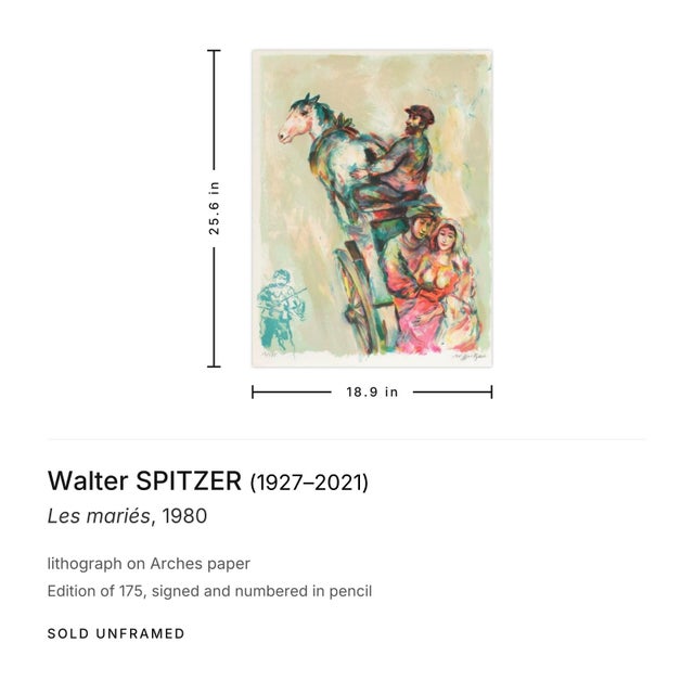 Contemporary 1980 Walter Spitzer Les Mariés Signed Lithograph For Sale - Image 3 of 3