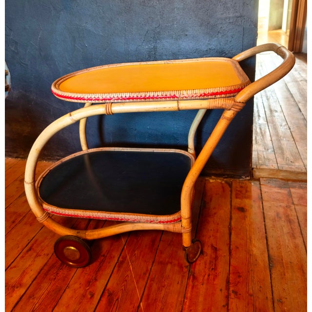 Mid-Century Modern Mid-Century Rolling Rattan Bamboo Coffee Table, 1950s For Sale - Image 3 of 4