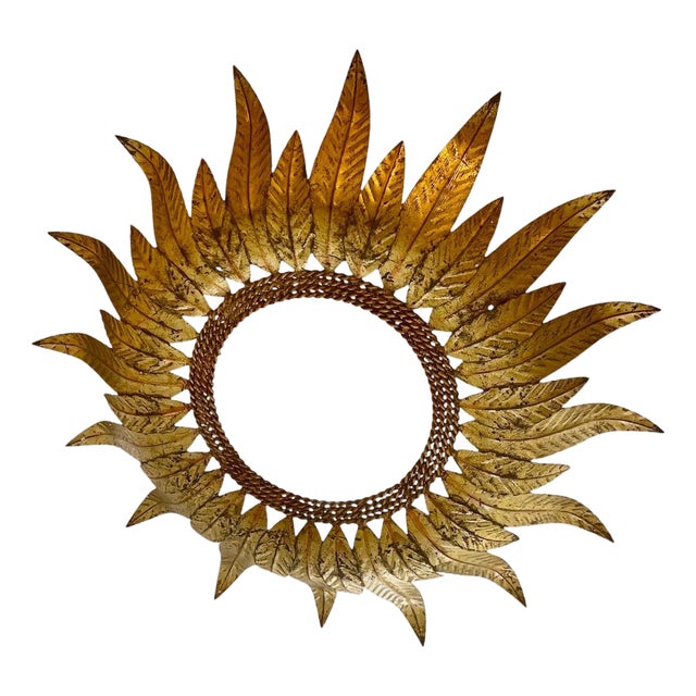 Large Spanish Sunburst Flush Mount in Gilt Metal with Support, 1950 For Sale