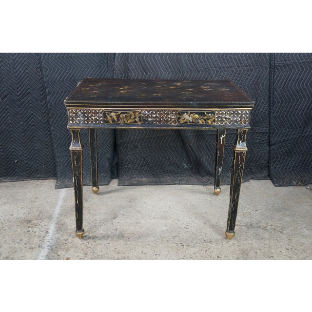 Vintage Chinoiserie Black Lacquered Floral Bird Writing Desk Library Table 35" For Sale - Image 18 of 18