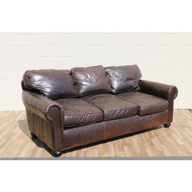 Restoration Hardware Brown Leather Three-Seat Sofa | Vintage Modern Down-Filled Cushions For Sale In Los Angeles - Image 6 of 18