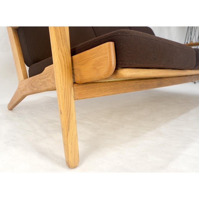 Solid Oak Frame Brown Upholstery MCM Style 3 Seat Sofa Clean! For Sale - Image 10 of 16