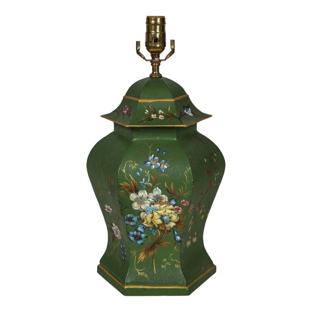Vintage Hand-Painted Tole Temple Jar Table Lamp For Sale