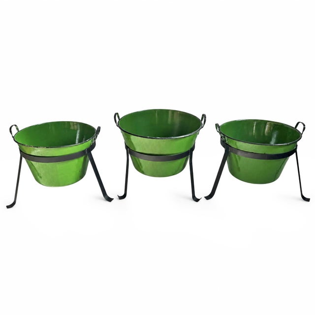 Farmhouse Vintage Hungarian Green Enamel Tub W/Iron Stand For Sale - Image 3 of 10