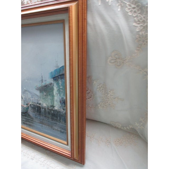 Cerulean Vintage Sunset Seascape on Canvas of Fishing Village With Boats & Seagulls, Framed For Sale - Image 8 of 9