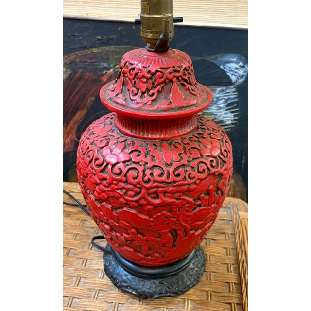 Ceramic Antique Asian Red Cinnabar Lamp With Original Paper Pleated Shade For Sale - Image 7 of 12