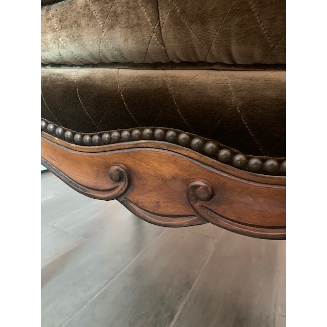 Wood Custom French Louis XV–Style Bergère Armchair — Hand-Carved Walnut Frame & Bentley Churchill Woven Fabric For Sale - Image 7 of 9