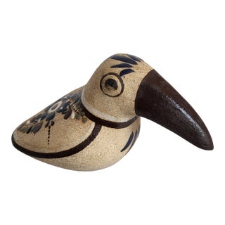 1990s Handcrafted Stoneware Bird Figurine With Brown Beak and Floral Details 4" Long Tonala Mexico For Sale