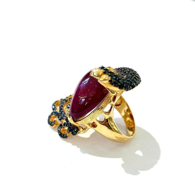 Ruby Red Bochic "Orient" Ruby & Sapphire Swan Cocktail Ring Set 18K & Silver For Sale - Image 8 of 18