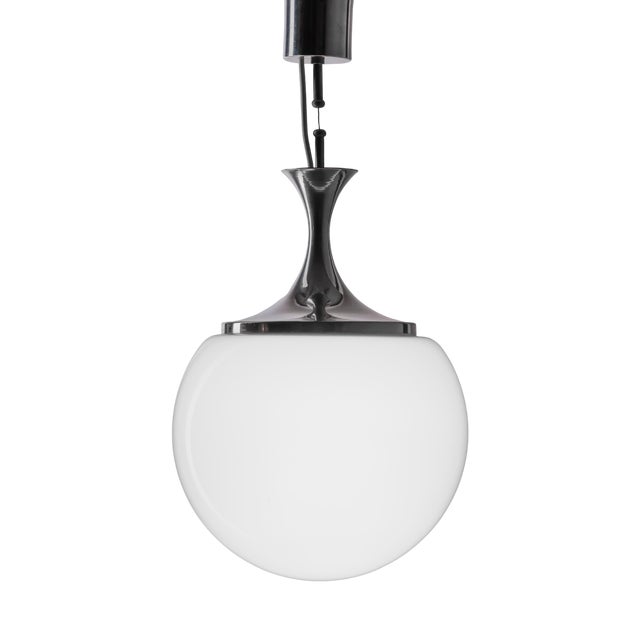 Vintage Pendant Lamp in Chrome and Hand-Blown Opal Glass, Italy, 1960s For Sale
