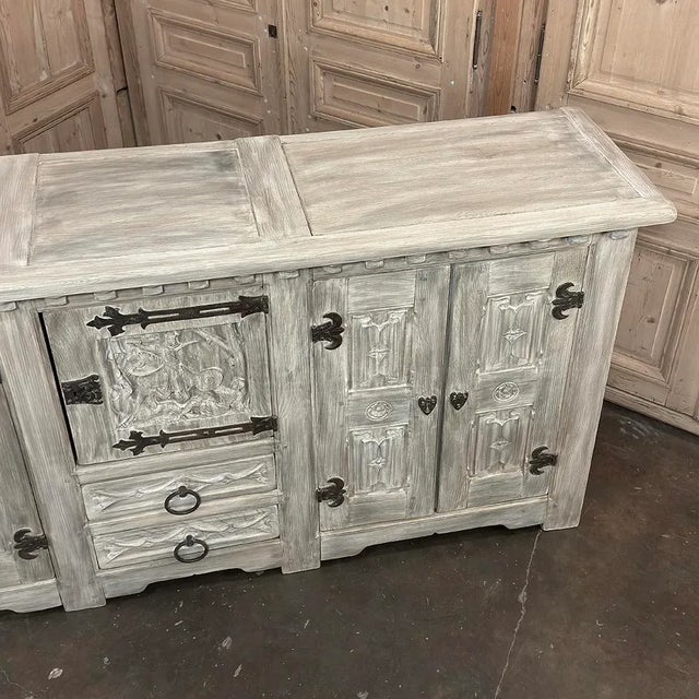 Antique Grand Normandy Rustic Gothic Revival Whitewashed Buffet For Sale In Dallas - Image 6 of 14