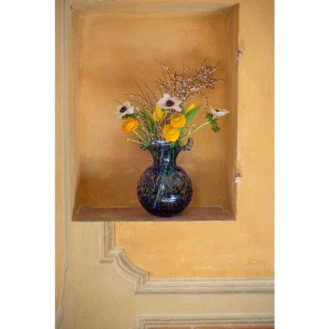 Glass VIETRI Hibiscus Glass Cobalt Tortoiseshell Small Fluted Vase For Sale - Image 7 of 11