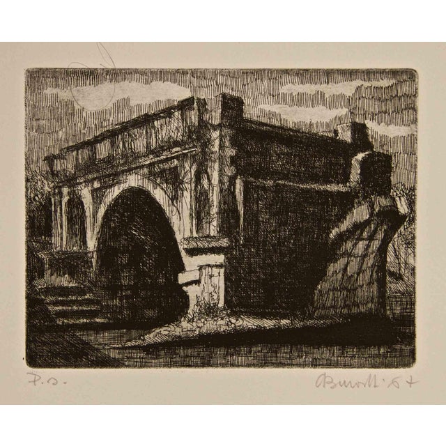 Armando Buratti, Rome, Pons Aemilius / Broken Bridge, Etching, 1967 For Sale