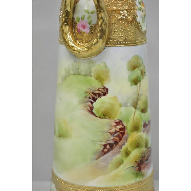 Antique Nippon Hand Painted Lake Scene Art Nouveau Twin Handle Porcelain Vase For Sale - Image 10 of 15