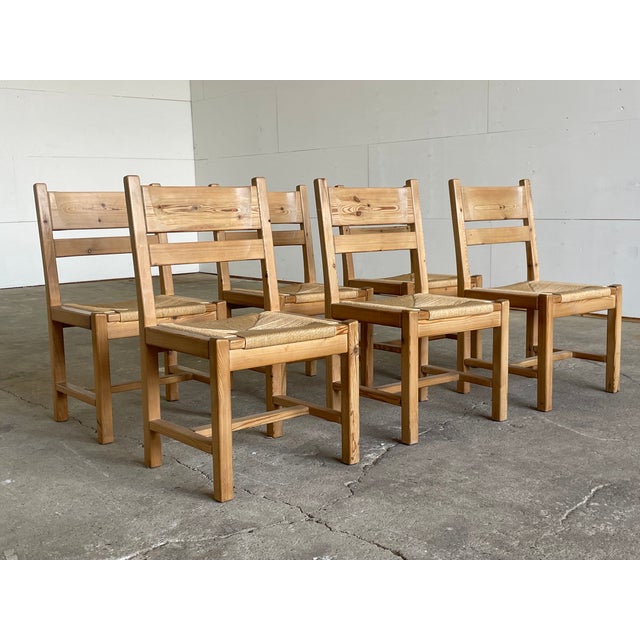 Among the most collectible expressions of 1970s scandinavian modernism, this rare complete set of six danish pine dining...