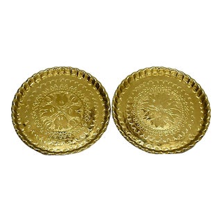 Vintage Floral Chinese Brass Decorative Trays / Chargers With Piecrust Edge, a Pair 11" For Sale
