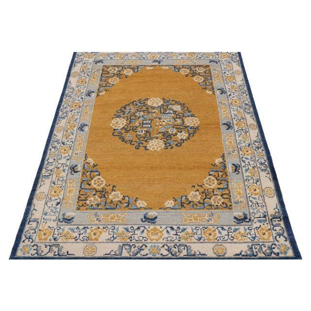 2010s Rug & Kilim’s Twin Art Deco Inspired Rugs in Gold With Medallion and Florals For Sale - Image 5 of 7