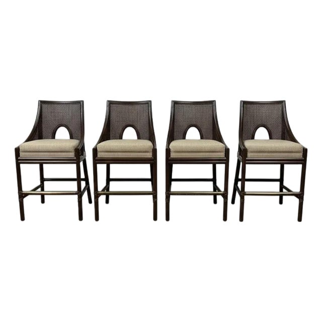Set of Four Attributed to Barbara Barry for McGuire Caned Barstools With Cushions For Sale