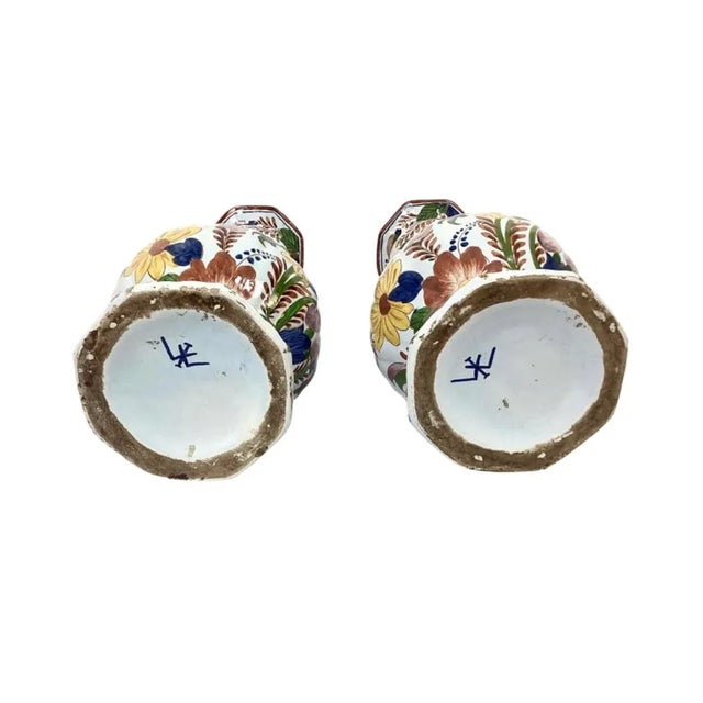 Ceramic Large Pair of Polychrome Dutch Delft Vases For Sale - Image 7 of 10