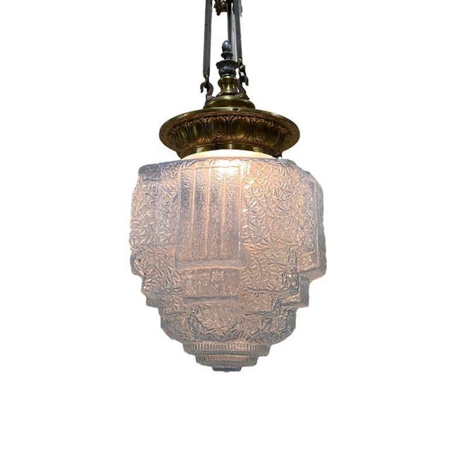Art Deco Art Deco Brass Ceiling Pendant W/ Stepped Blue Glass Deco Globe, Set of 4 For Sale - Image 3 of 7