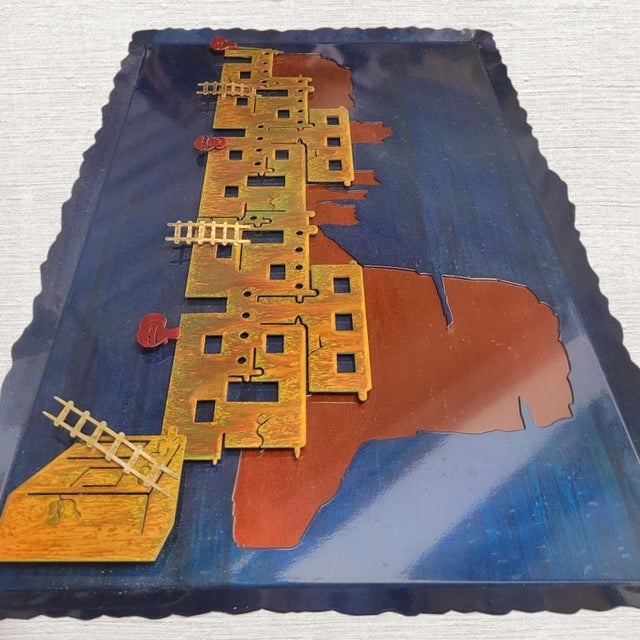 Curtis Jere 1970's ​Vintage Southwestern Flame-Cut Copper & Brass Pueblo Relief Navy Blue Wall Art Sculpture For Sale - Image 4 of 6