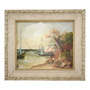 Vintage Oil Picture Painting 'Pulling Boat in From Ocean Signed P. H. Schuchard