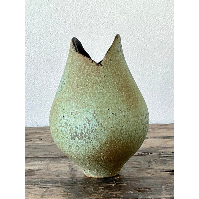 Green Vintage Original Textured Studio Pottery Vase For Sale - Image 8 of 12