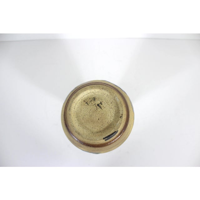 Vintage Mexican Pottery Vase With Bird Blue Brown Tonala Mexico Glazed Interior Stoneware Vase Signed For Sale - Image 9 of 9