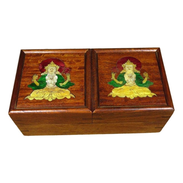 Vintage Rosewood Box With Mother-of-Pearl Guanyin Inlay For Sale