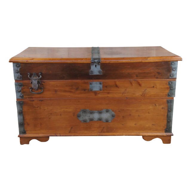 American Pine Campaign Style Banded Stacking Swivel Top Blanket Chest Storage Trunk For Sale