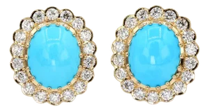 18k Natural Turquoise Diamond Earrings Women Omega Back Style, Set of 2